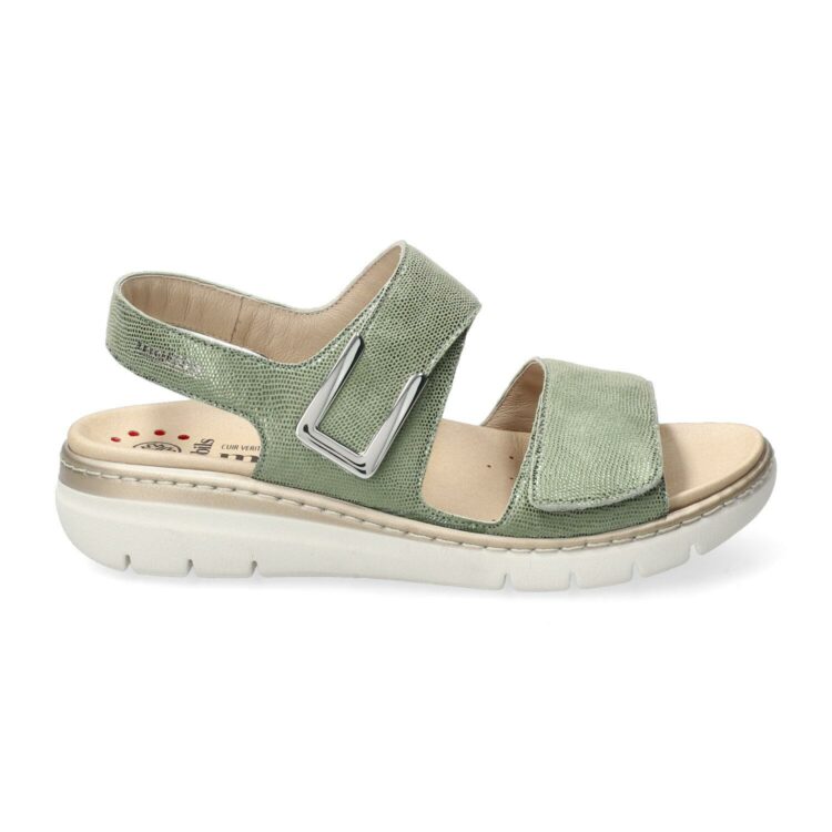 Sandales réglables vertes pour femme marque Mobils. Lalia Almond 8126. Disponible chez Chauss'Family magasin de chaussures à Issoire.