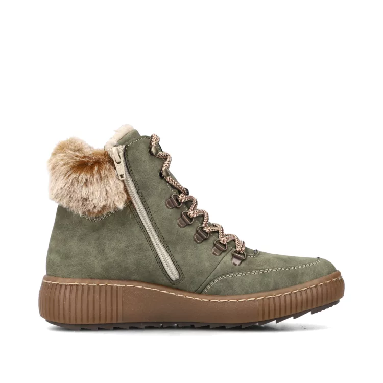 Bottines chaudes kaki pour femme marque Rieker. Référence Z6636-54 kaki. Disponible chez Chauss'Family magasin de chaussures Issoire.