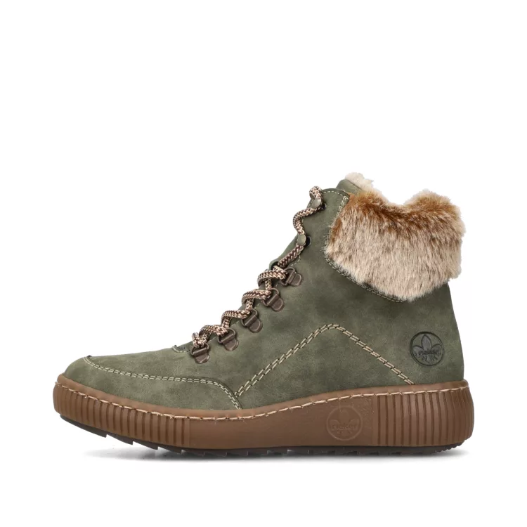 Bottines chaudes kaki pour femme marque Rieker. Référence Z6636-54 kaki. Disponible chez Chauss'Family magasin de chaussures Issoire.