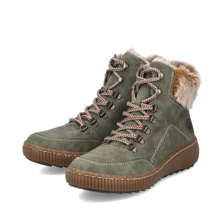Bottines chaudes kaki pour femme marque Rieker. Référence Z6636-54 kaki. Disponible chez Chauss'Family magasin de chaussures Issoire.