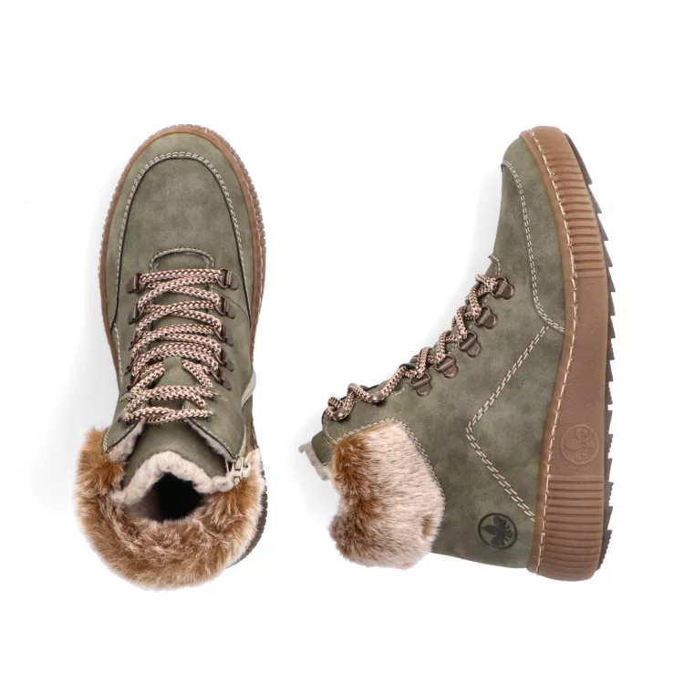 Bottines chaudes kaki pour femme marque Rieker. Référence Z6636-54 kaki. Disponible chez Chauss'Family magasin de chaussures Issoire.