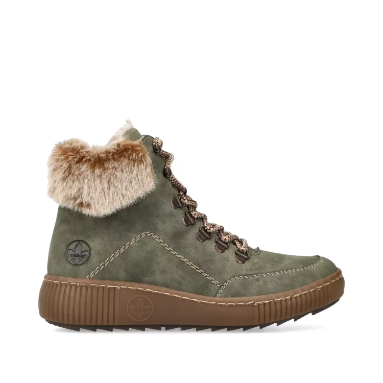 Bottines chaudes kaki pour femme marque Rieker. Référence Z6636-54 kaki. Disponible chez Chauss'Family magasin de chaussures Issoire.