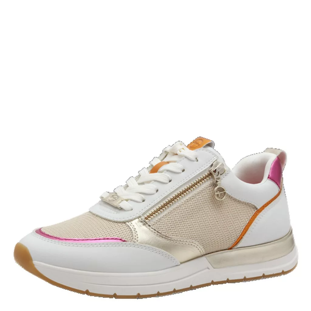Baskets à paillettes pour femme marque Tamaris. Référence 23732-41 132 White/LT.Gold . Disponible chez Chauss'Family magasin de chaussures à Issoire.