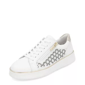 Baskets blanches pour femme de la marque Remonte. Référence D2E03-80 Weiss. Disponible chez Chauss'Family magasin de chaussures à Issoire.