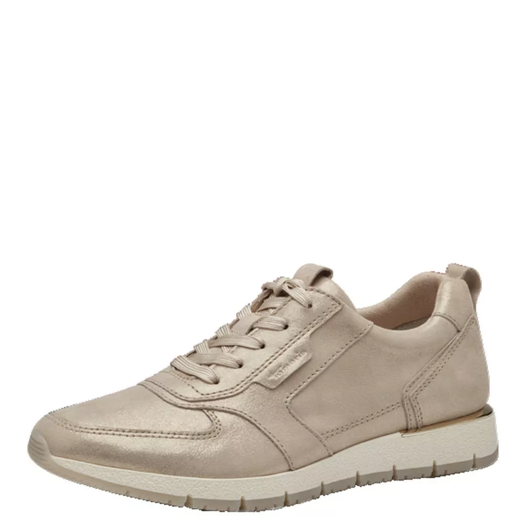 Baskets dorées larges pour femme marque Tamaris. Référence : 23787-42 179 Champagne. Disponible chez Chauss'Family magasin de chaussures Issoire.