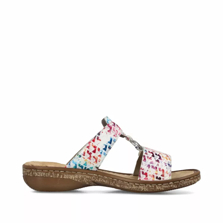 Mules réglables multicolores Rieker. Référence 628P9-90 Multicolore . Disponible chee Chauss'Family magasin de chaussures à Issoire.
