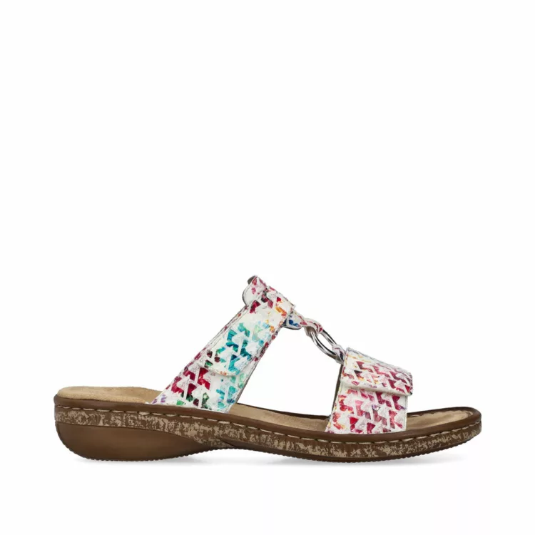 Mules réglables multicolores Rieker. Référence 628P9-90 Multicolore . Disponible chee Chauss'Family magasin de chaussures à Issoire.