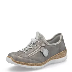 Baskets élastiquées argentées pour femme marque Rieker. Référence N4263-40 Grey. Disponible chez Chauss'Family magasin de chaussures à Issoire.