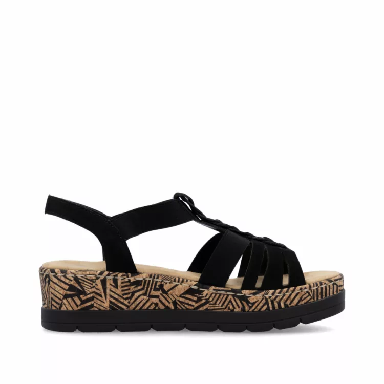 Sandales compensées noires Rieker pour femme. Référence : V3902-00 Schwarz. Disponible chez Chauss'Family magasin de chaussures à Issoire.