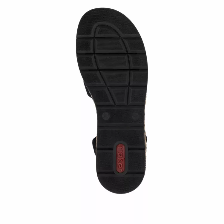 Sandales compensées noires Rieker pour femme. Référence : V3902-00 Schwarz. Disponible chez Chauss'Family magasin de chaussures à Issoire.