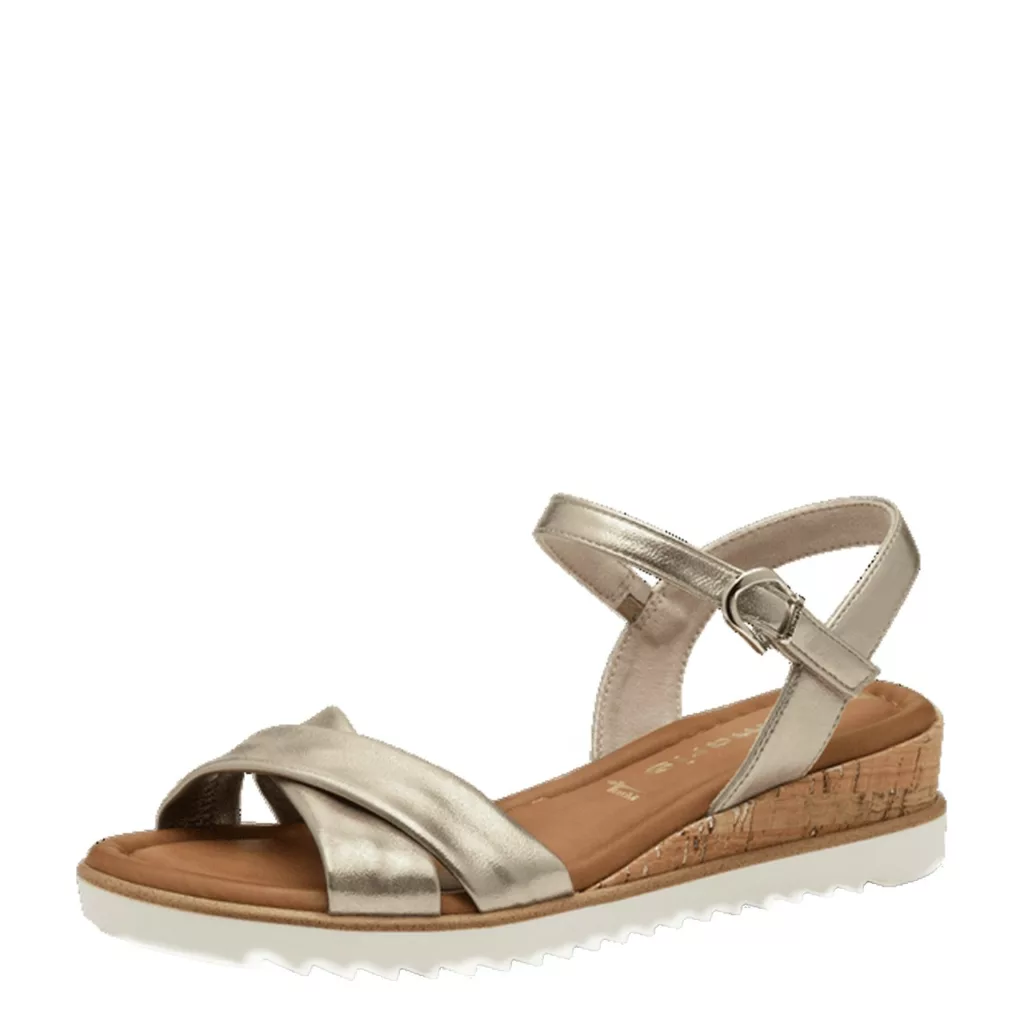 Sandales dorées compensées Tamaris. Référence : 28106-42 933 Light Gold. Disponilble chez Chauss'Family magasin de chaussures à Issoire.