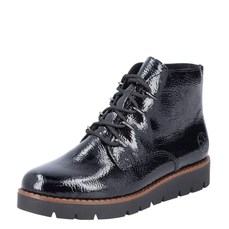 Bottines noires vernies de la marque Rieker pour femme. Référence : 44902-00 Noir. Disponible chez Chauss'Family magasin de chaussures à Issoire.