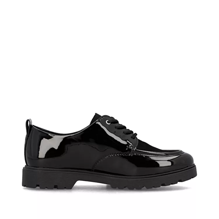 Derbies noires vernies de la marque Rieker pour femme. Référence : 45500-00 Noir. Disponible chez Chauss'Family magasin de chaussures à Issoire.
