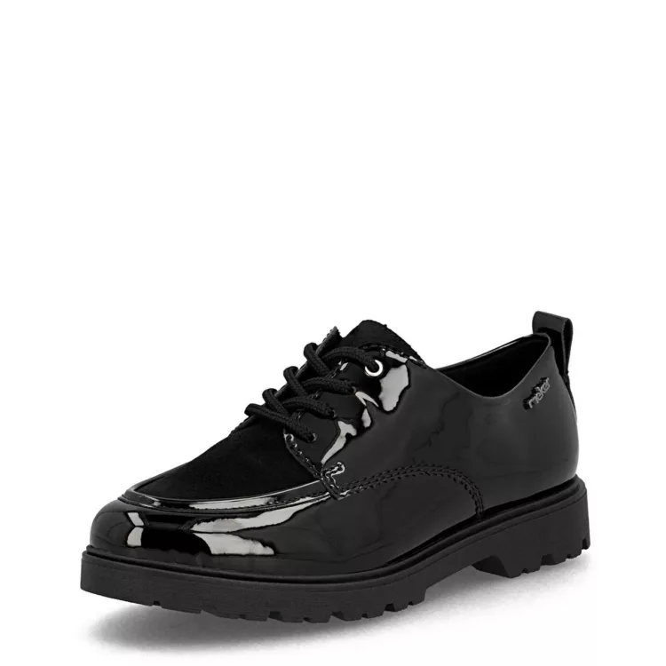 Derbies noires vernies de la marque Rieker pour femme. Référence : 45500-00 Noir. Disponible chez Chauss'Family magasin de chaussures à Issoire.