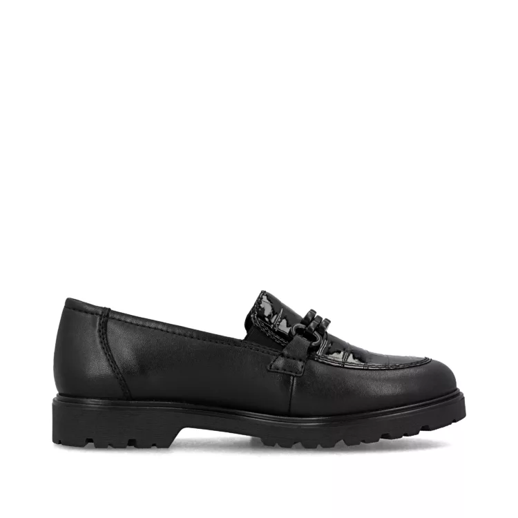 Mocassins noirs de la marque Rieker pour femmme. Référence 45561-01 Noir. Disponible chez Chauss'Family magasin de chaussures à Issoire.