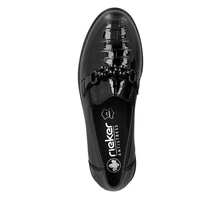 Mocassins noirs de la marque Rieker pour femmme. Référence 45561-01 Noir. Disponible chez Chauss'Family magasin de chaussures à Issoire.