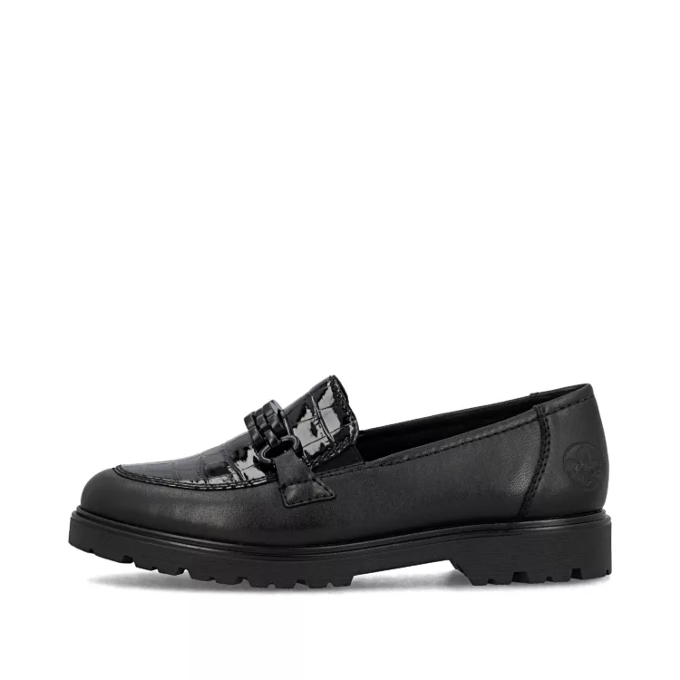 Mocassins noirs de la marque Rieker pour femmme. Référence 45561-01 Noir. Disponible chez Chauss'Family magasin de chaussures à Issoire.
