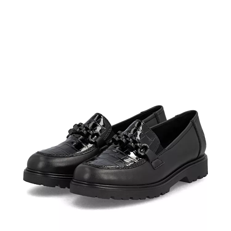 Mocassins noirs de la marque Rieker pour femmme. Référence 45561-01 Noir. Disponible chez Chauss'Family magasin de chaussures à Issoire.