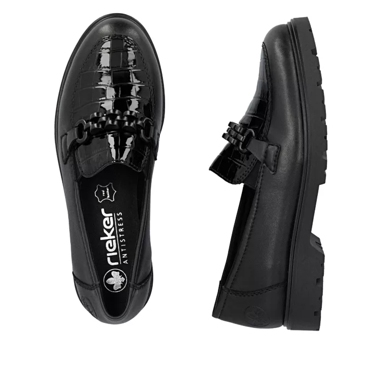 Mocassins noirs de la marque Rieker pour femmme. Référence 45561-01 Noir. Disponible chez Chauss'Family magasin de chaussures à Issoire.