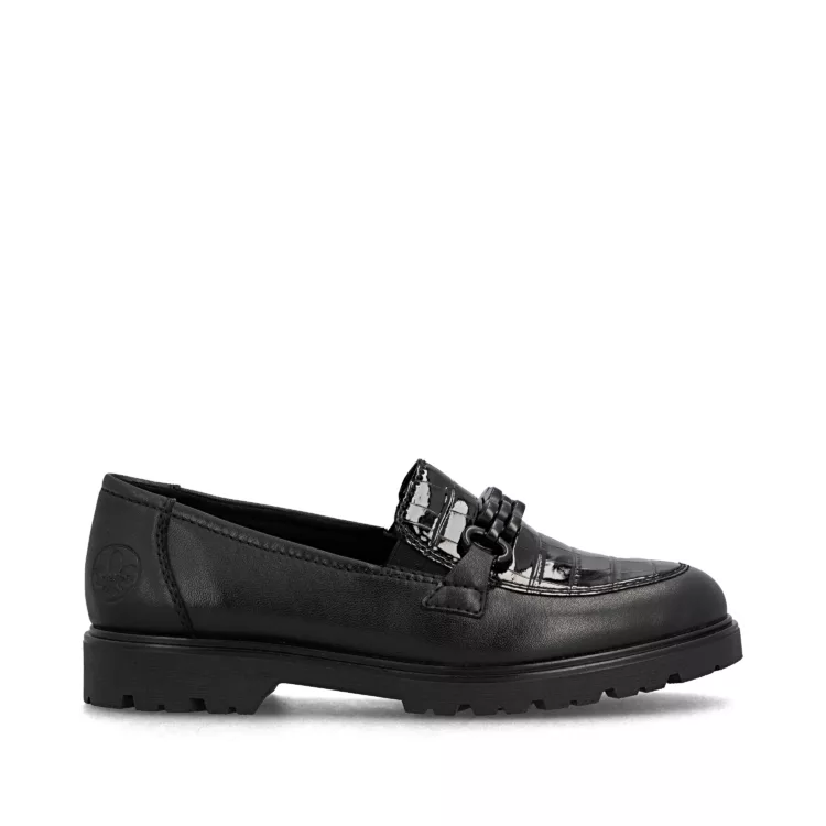 Mocassins noirs de la marque Rieker pour femmme. Référence 45561-01 Noir. Disponible chez Chauss'Family magasin de chaussures à Issoire.