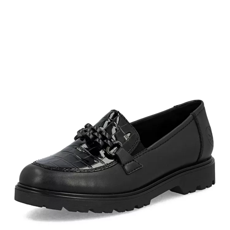 Mocassins noirs de la marque Rieker pour femmme. Référence 45561-01 Noir. Disponible chez Chauss'Family magasin de chaussures à Issoire.