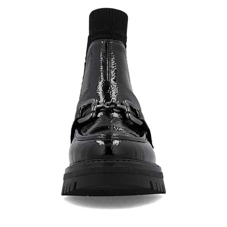 Bottines noires vernies de la marque Rieker pour femme. Référence : 47573-00 Black. Disponible chez Chauss'Family magasin de chaussures à Issoire.