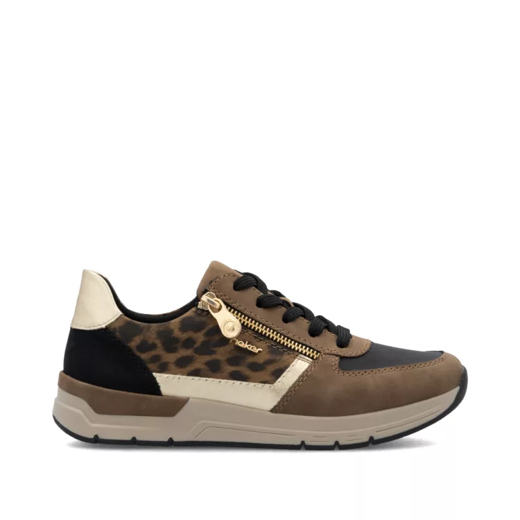 Baskets Léopard de la marque Rieker pour femme. Référence 58902-24 Marron. Disponible chez Chauss'Family magasin de chaussures à Issoire.