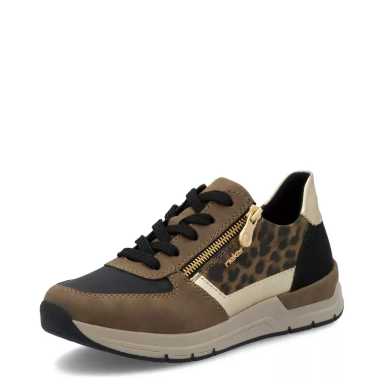 Baskets Léopard de la marque Rieker pour femme. Référence 58902-24 Marron. Disponible chez Chauss'Family magasin de chaussures à Issoire.