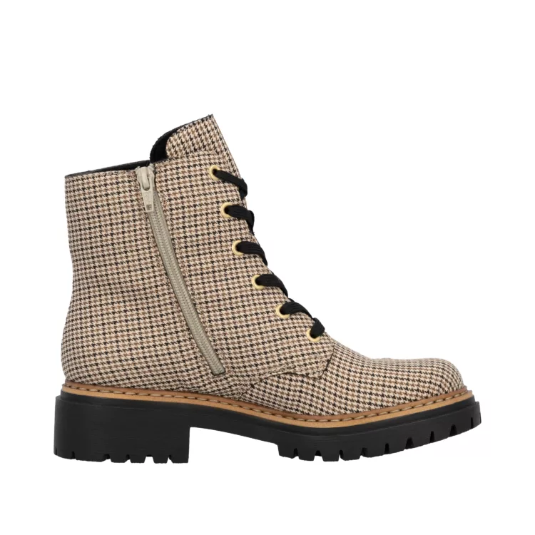 Bottines motif pied de poule Rieker pour femme. Référence : 72617-60 Beige. Disponible chez Chauss'Family magasin de chaussures à Issoire.
