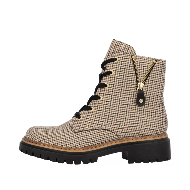 Bottines motif pied de poule Rieker pour femme. Référence : 72617-60 Beige. Disponible chez Chauss'Family magasin de chaussures à Issoire.