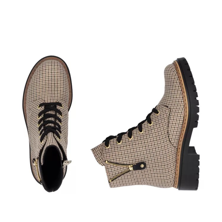 Bottines motif pied de poule Rieker pour femme. Référence : 72617-60 Beige. Disponible chez Chauss'Family magasin de chaussures à Issoire.