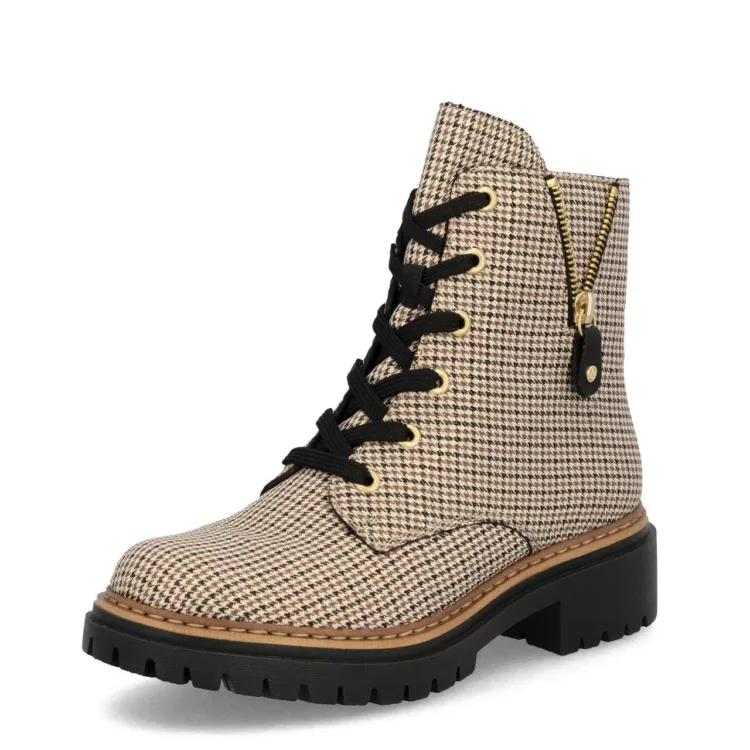 Bottines motif pied de poule Rieker pour femme. Référence : 72617-60 Beige. Disponible chez Chauss'Family magasin de chaussures à Issoire.
