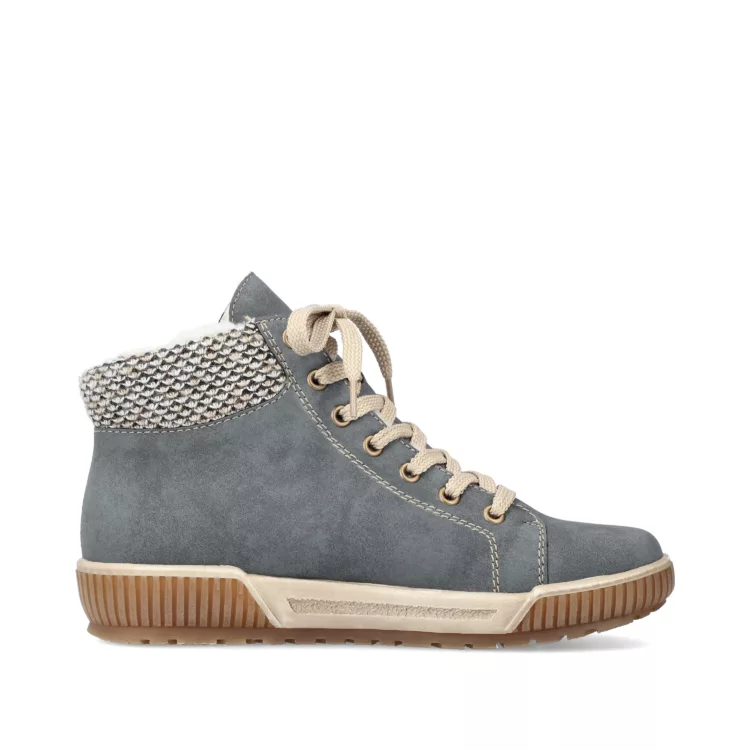 Baskets montantes bleu clair de la marque Rieker pour femme. Référence : N0709-14 Bleu. Disponible chez Chauss'Family magasin de chaussures à Issoire.