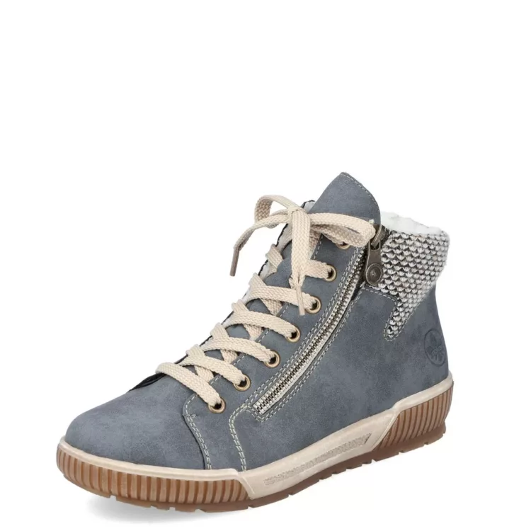 Baskets montantes bleu clair de la marque Rieker pour femme. Référence : N0709-14 Bleu. Disponible chez Chauss'Family magasin de chaussures à Issoire.