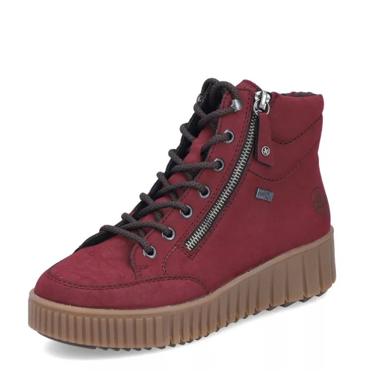Baskets montantes chaudes pour femme marque Rieker. Référence Y6104-35 Bordeaux. Disponible chez Chauss'Family magasin de chaussures Issoire.