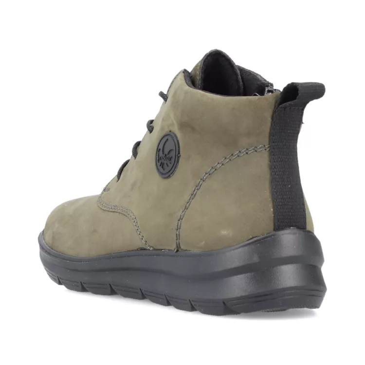 Bottines kaki à lacets pour femme marque Rieker. Référence Z0022-54 Kaki. Disponible chez Chauss'Family magasin de chaussures Issoire.