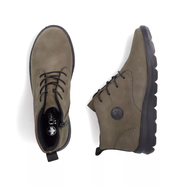 Bottines kaki à lacets pour femme marque Rieker. Référence Z0022-54 Kaki. Disponible chez Chauss'Family magasin de chaussures Issoire.