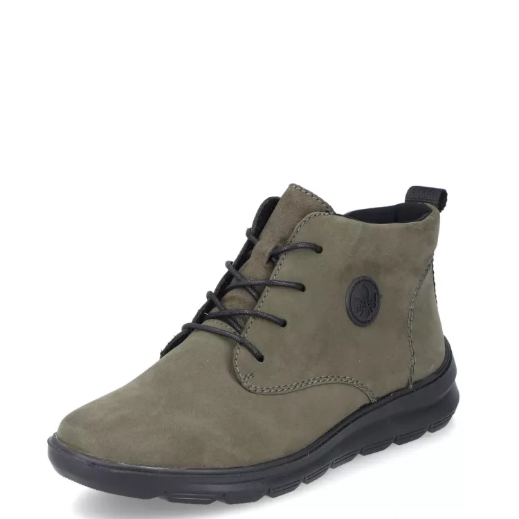 Bottines kaki à lacets pour femme marque Rieker. Référence Z0022-54 Kaki. Disponible chez Chauss'Family magasin de chaussures Issoire.