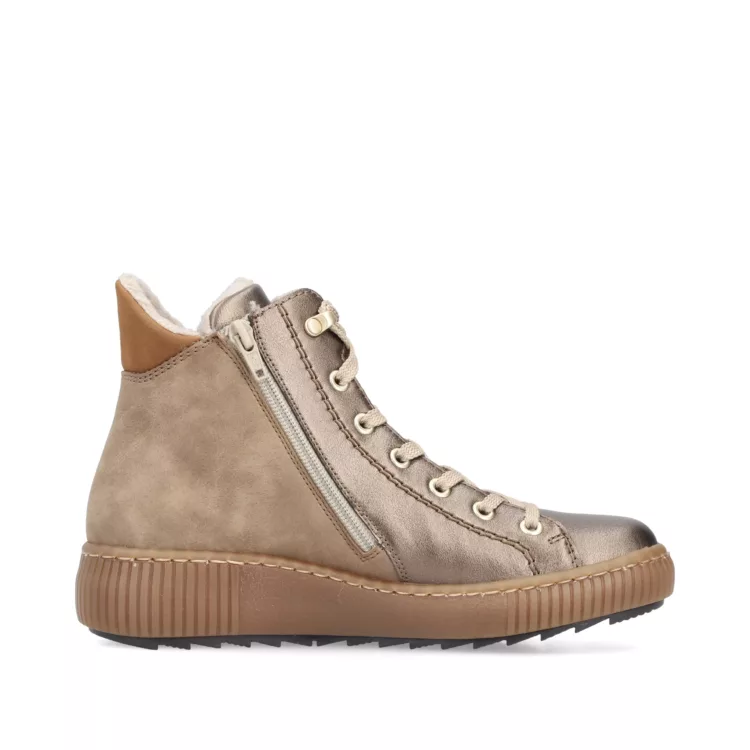 Bottines chaudes bronze pour femme marque Rieker. Référence Z6614-90 Bronze. Disponible chez Chauss'Family magasin de chaussures Issoire.