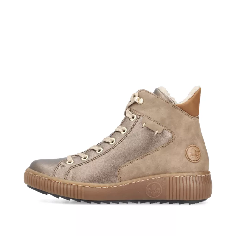 Bottines chaudes bronze pour femme marque Rieker. Référence Z6614-90 Bronze. Disponible chez Chauss'Family magasin de chaussures Issoire.