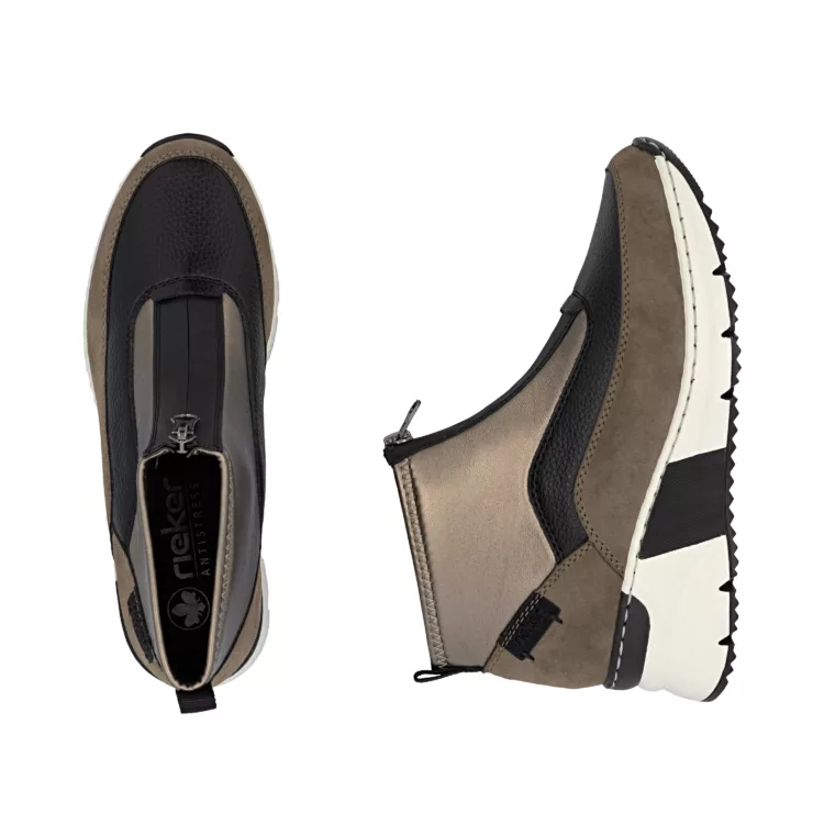 Chaussures montantes à talons de la marque Rieker. Référence : N6352-25 Kaki. Disponible chez Chauss'Family magasin de chaussures à Issoire.