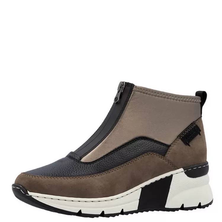 Chaussures montantes à talons de la marque Rieker. Référence : N6352-25 Kaki. Disponible chez Chauss'Family magasin de chaussures à Issoire.