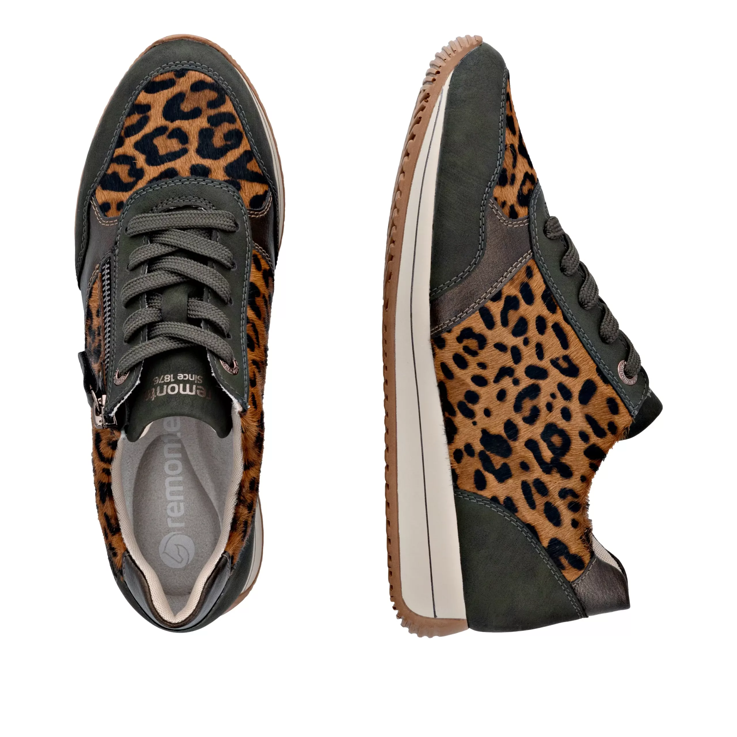 Baskets kaki et léopard pour femme de la marque Remonte. Référence D0H16-90 Kaki. Disponible chez Chauss'Family magasin de chaussures à Issoire.