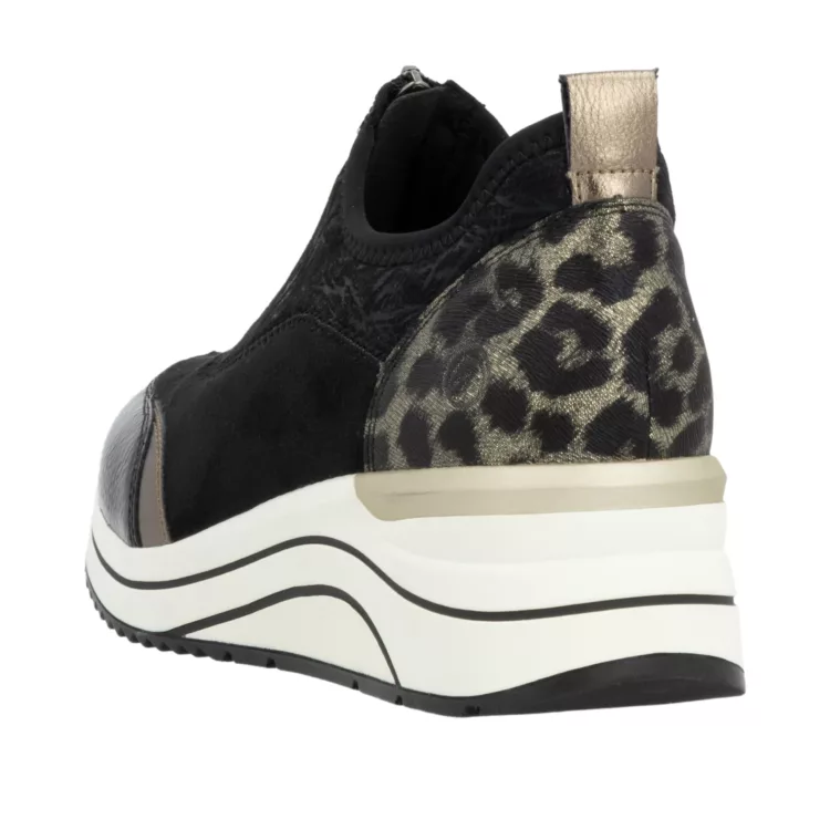 Chaussures compensées noires et léopard ^pour femme de la marque Remonte. Référence D0T08-02 Noir. Disponible chez Chauss'Family magasin chaussures Issoire