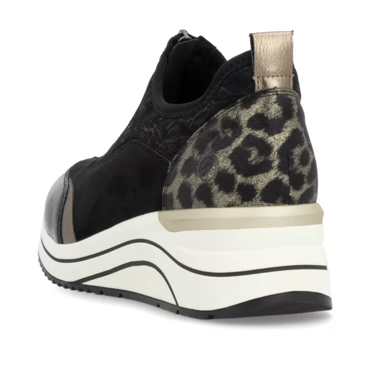 Chaussures compensées noires et léopard ^pour femme de la marque Remonte. Référence D0T08-02 Noir. Disponible chez Chauss'Family magasin chaussures Issoire