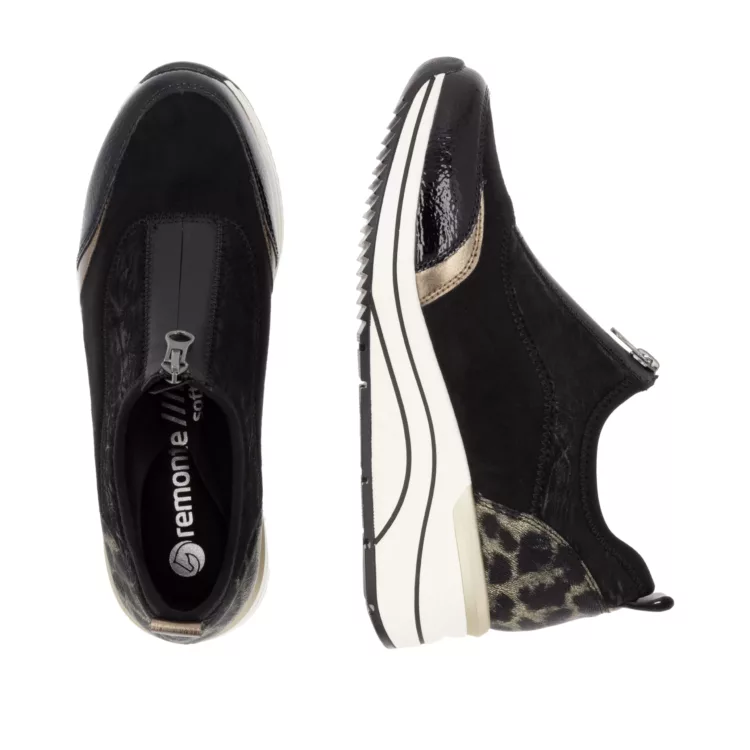 Chaussures compensées noires et léopard ^pour femme de la marque Remonte. Référence D0T08-02 Noir. Disponible chez Chauss'Family magasin chaussures Issoire