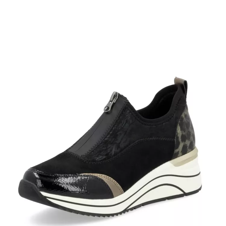 Chaussures compensées noires et léopard ^pour femme de la marque Remonte. Référence D0T08-02 Noir. Disponible chez Chauss'Family magasin chaussures Issoire