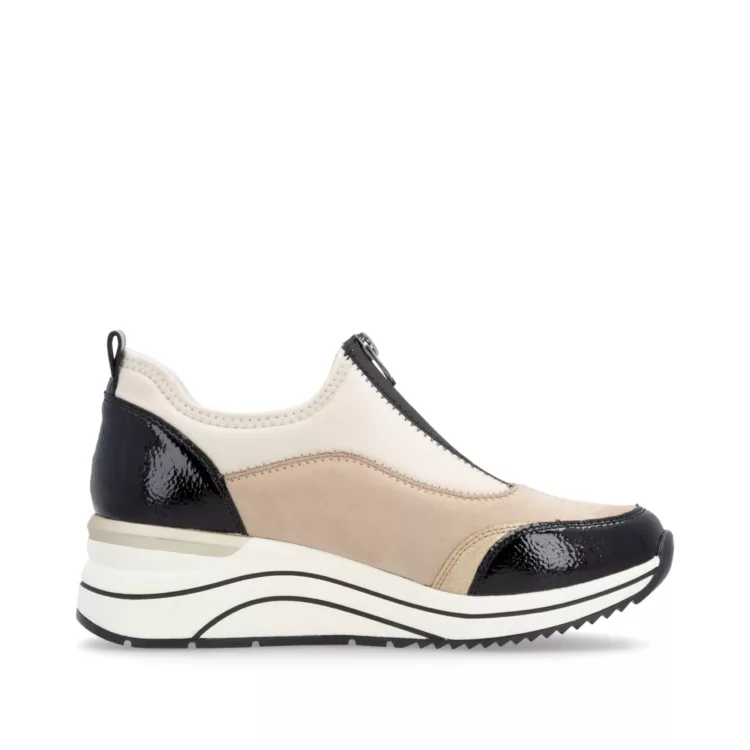 Chaussures compensées beige et noir pour femme de la marque Remonte. Référence D0T08-60 Beige Noir. Disponible chez Chauss'Family magasin chaussures Issoire