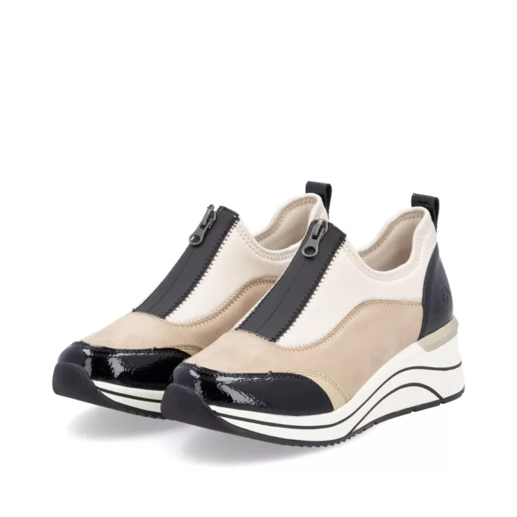 Chaussures compensées beige et noir pour femme de la marque Remonte. Référence D0T08-60 Beige Noir. Disponible chez Chauss'Family magasin chaussures Issoire