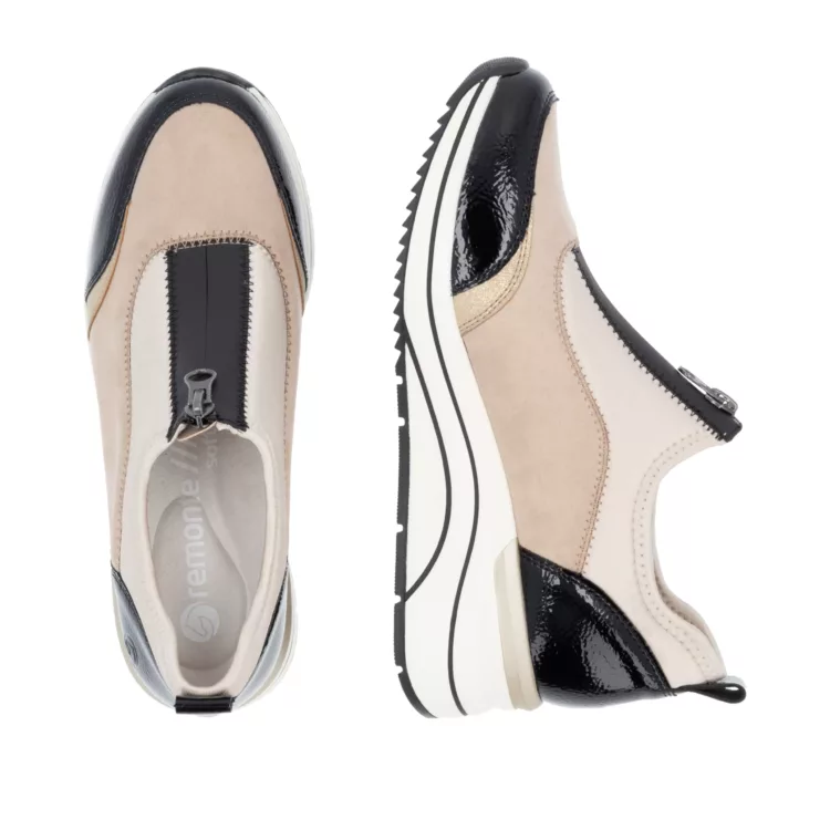 Chaussures compensées beige et noir pour femme de la marque Remonte. Référence D0T08-60 Beige Noir. Disponible chez Chauss'Family magasin chaussures Issoire